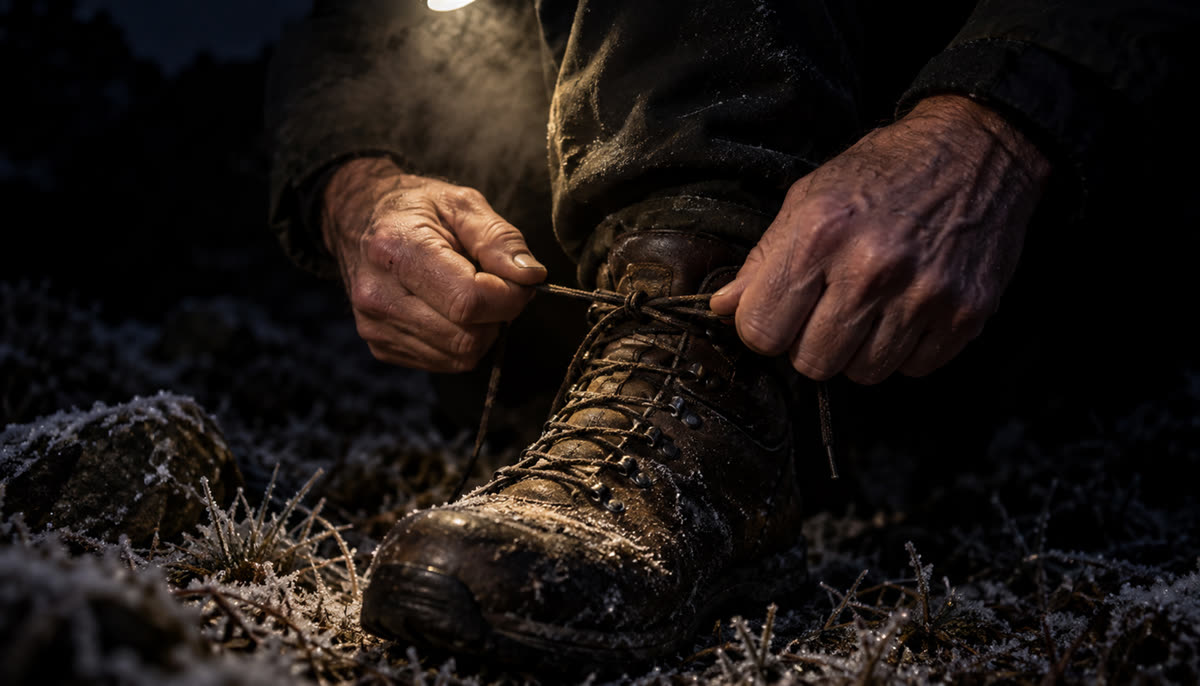 Worn boot being laced on frosty ground