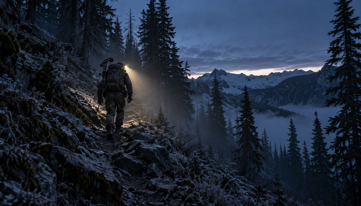 Hunter hiking away up a trail with a headlamp before dawn