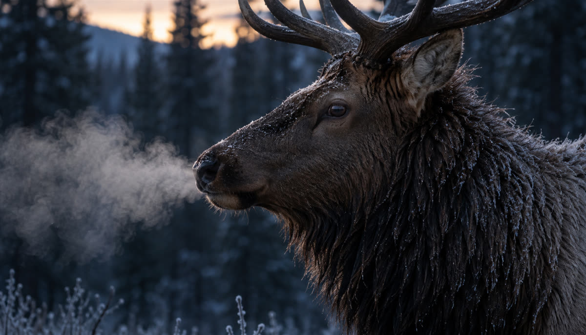 Bull elk breathing out steam in cold air