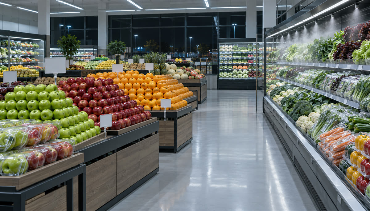 Clean bright supermarket produce aisle