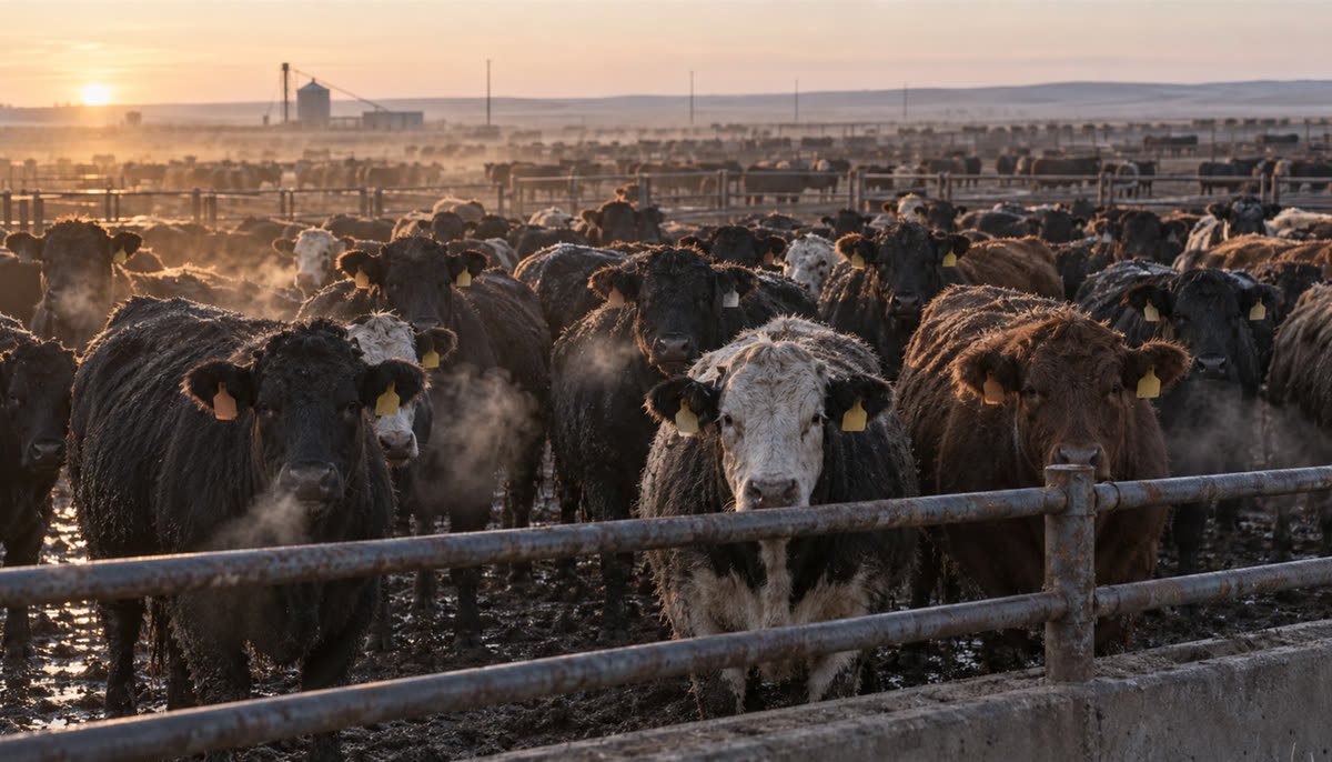 Cattle crowded behind a feedlot fence at first light