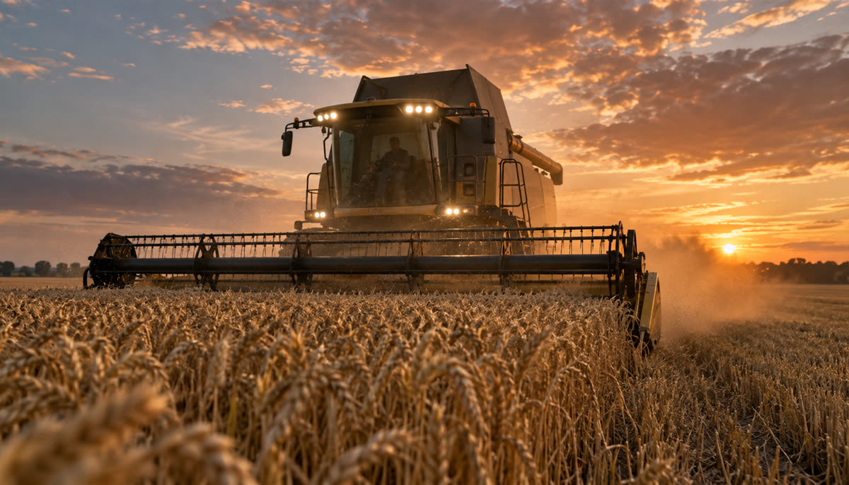 Combine harvester cutting wheat at sunset