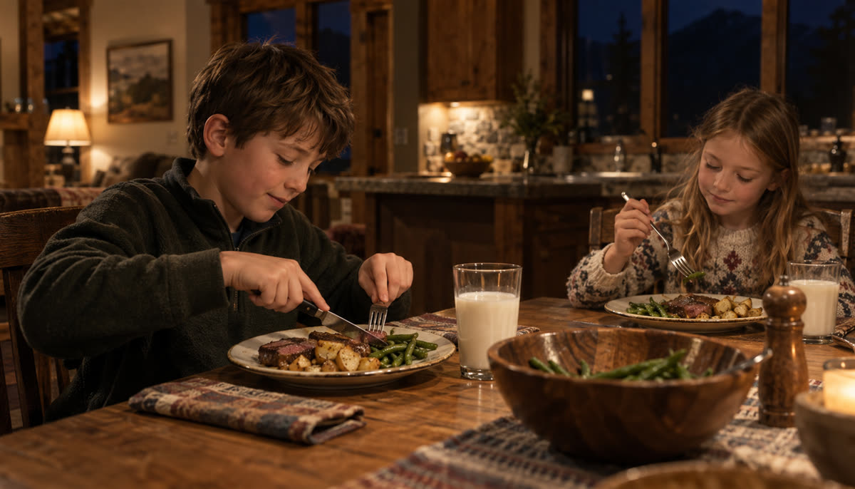 Two children eating dinner at a warm lit table